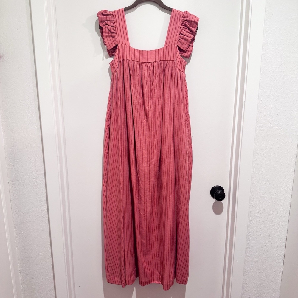 A New Day Linen Dress XS Red Orange Stripe Maxi Flutter Sleeve Bump Friendly - Picture 2 of 9